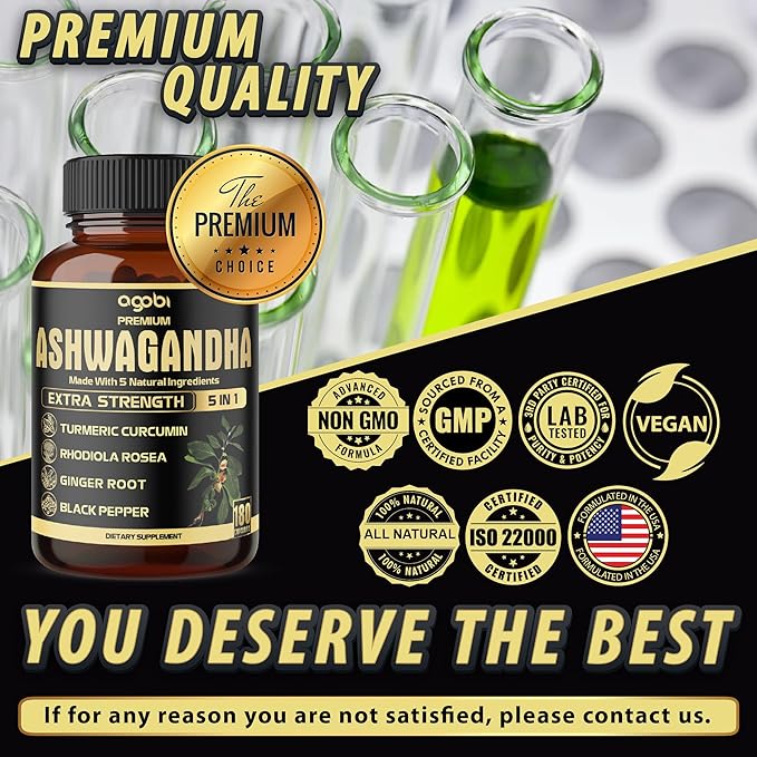 5in1 Premium Ashwagandha Capsules - Added Turmeric, Rhodiola Rosea, Ginger, Black Pepper - Strength, Spirit & Immune Support - 180 Caps for 6 Months