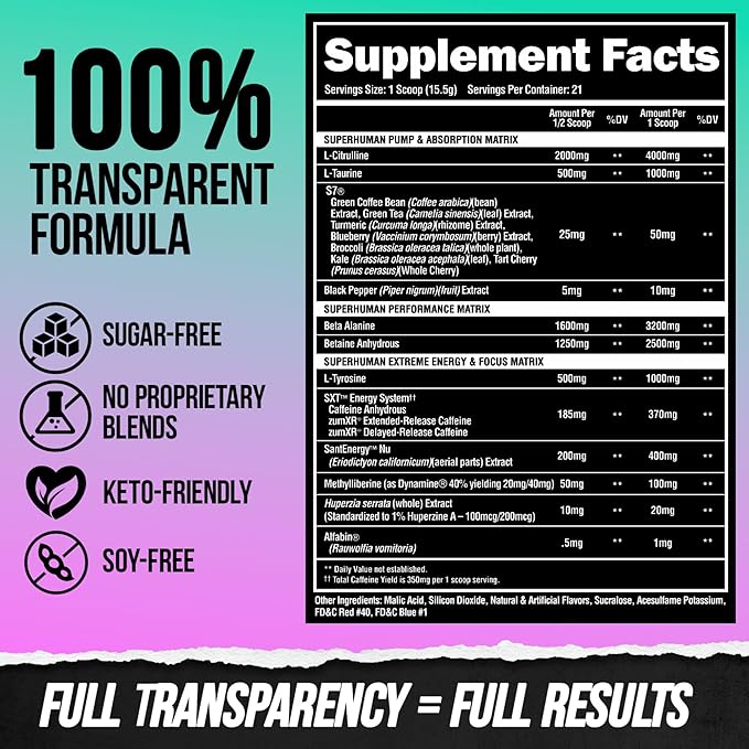 ALPHA LION Superhuman Extreme Pre Workout Powder, Beta Alanine, L-Taurine & Tri-Source Caffeine for Sustained Energy, Nitric Oxide & Citrulline for Pump (21 Servings, Grape Flavor)