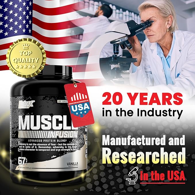 Nutrex Research Whey Protein Powder, Vanilla Muscle Infusion Whey Isolate w/EAA & Hi BCAA for Muscle Gain - 5 Pounds - Muscle Builder for Men & Women, Sports Nutrition, Delicious Taste & Texture