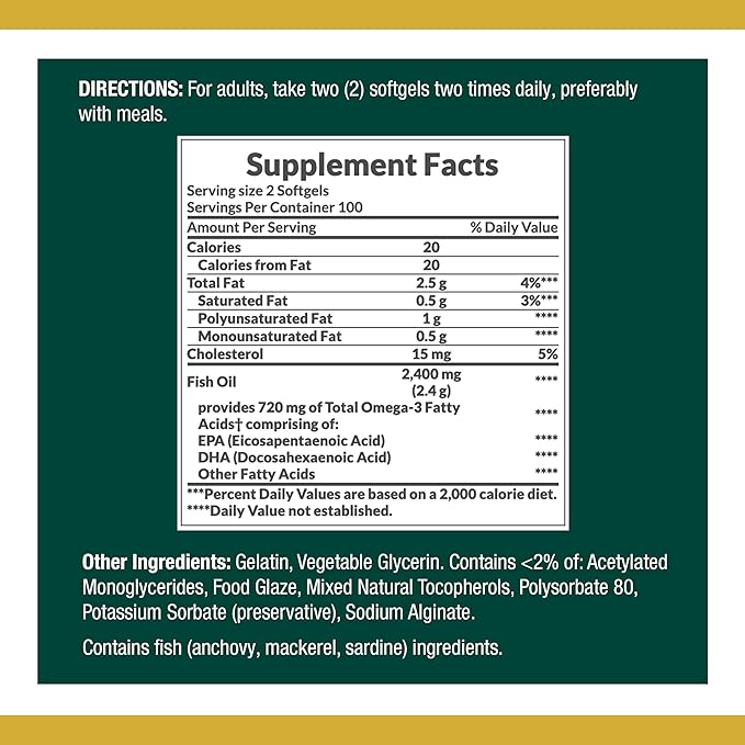 Nature's Bounty Fish Oil, Dietary Supplement with 360mg Omega-3, Supports Heart Health, 1200mg, 200 Softgels (Pack of 2)
