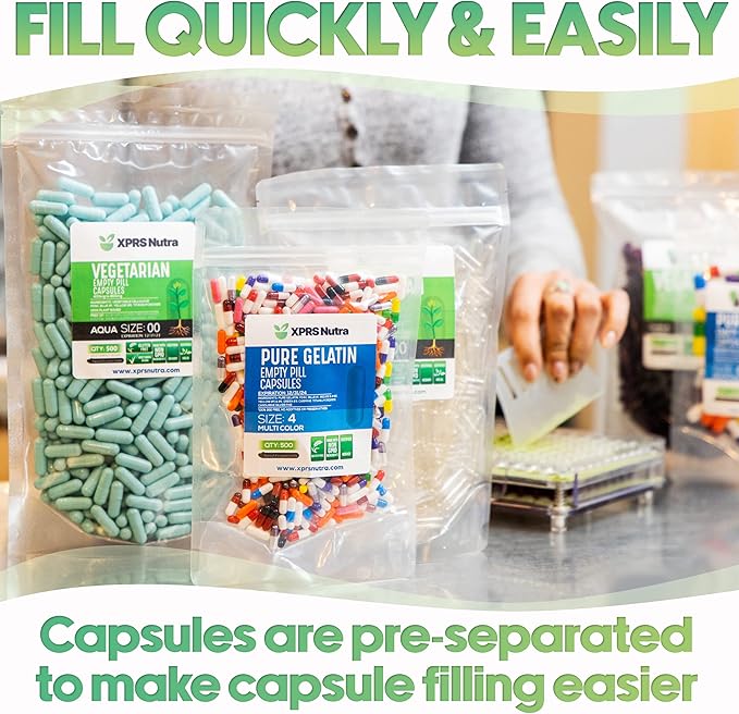 XPRS Nutra Vegan Size 2 Separated Capsules - 500 Count Premium Empty Capsules Separated in Bags - Clear Empty Capsules - Separated Empty Capsules - Pill Capsules Empty for DIY Supplement Filling