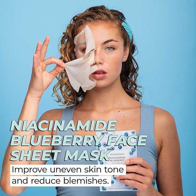 Vitamasques Niacinamide Blueberry Face Sheet Mask 7 Pack - Pore Purifying Korean Face Mask Improves Uneven Skin Tone & Reduces Blemishes