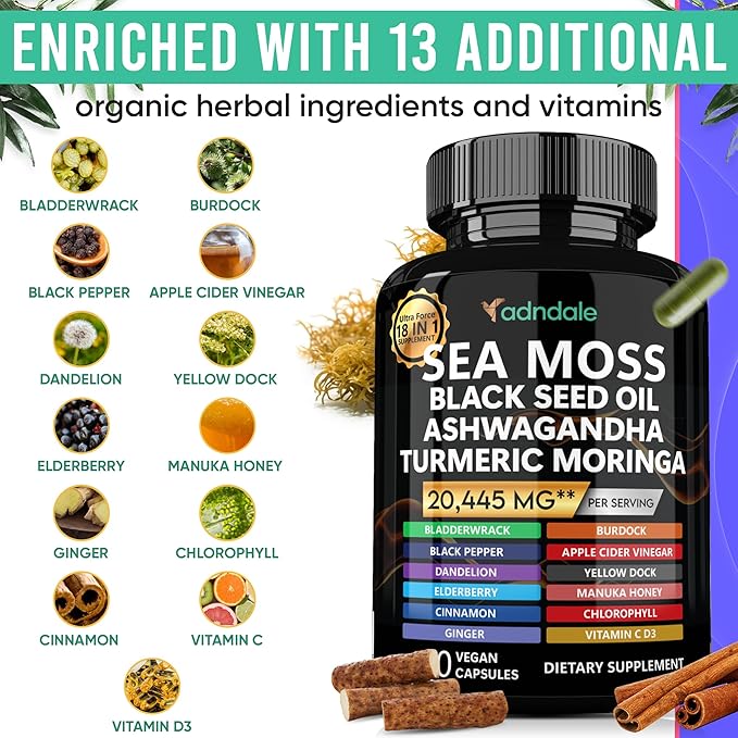 Sea Moss Black Seed Oil Ashwagandha Ginger Capsules. Sea Moss Capsules with Black Seed Oil, Ashwagandha, Turmeric, Moringa, Bladderwrack, Burdock Root, Manuka Honey, Cinnamon. 18-in-1 20’445 mg/Serv