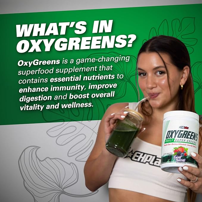 EHP Labs OxyGreens Super Greens Powder - Spirulina & Chlorella Superfood, Green Juice Powder & Greens Supplements with Prebiotic Fibre, Antioxidants & Immunity Support, 30 Serves (Lychee)