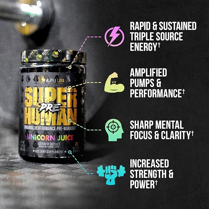 ALPHA LION Superhuman Pre Workout Powder, Beta Alanine, L-Taurine & Tri-Source Caffeine for Sustained Energy & Focus, Nitric Oxide & Citrulline for Pump (21 Servings, Unicorn Juice)