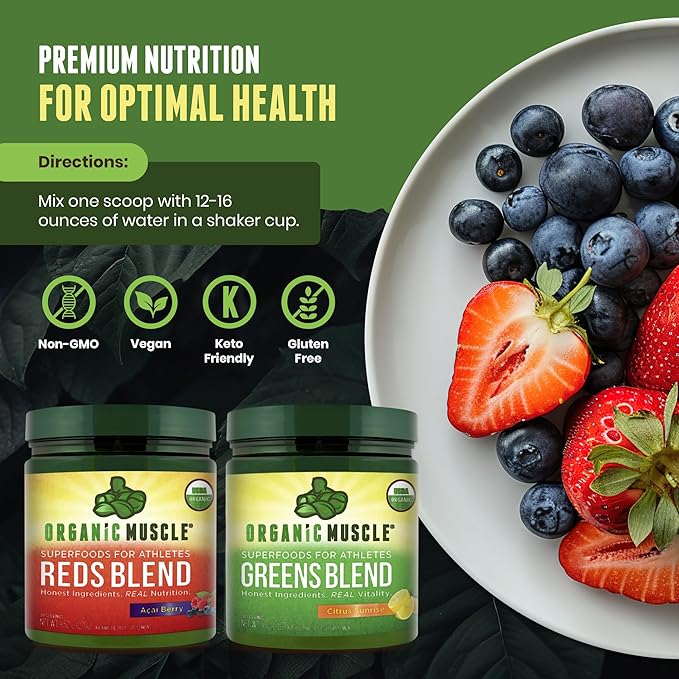 Organic Muscle Superfood Greens Powder Drink Mix - Organic Super Green Detox Supplement for Gut & Digestive Health with Spirulina, Chlorella, Probiotic & Prebiotic - Vegan & Non-GMO, 30 Servings