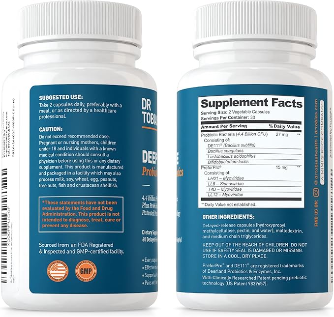 Dr. Tobias Deep Immune Probiotics & Prebiotics, 4.4 Billion CFU Probiotics for Women & Men, Supports Digestive Health, Gut Immune Function, Nutrient Absorption, 60 Capsules, 30 Servings