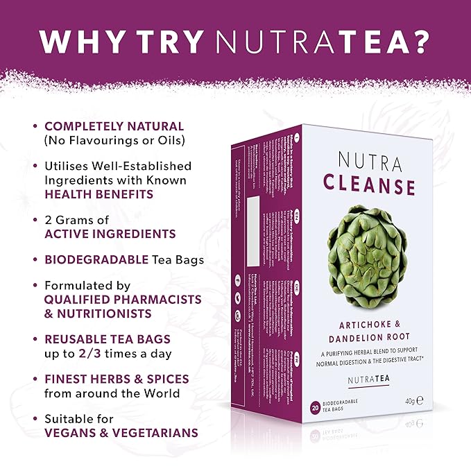 NUTRACLEANSE - Detox Tea | Cleanse Tea - Helps Relieve Constipation & Encourage Digestion - Includes Dandelion Root & Artichoke - 60 Enveloped Tea Bags - by Nutra Tea - Herbal Tea - (3 Pack)