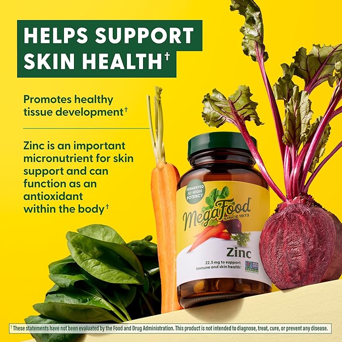 MegaFood Zinc Supplements - Vegan Immune Support Supplement with 22.5 mg High Potency Fermented Zinc - Made with Real Food - Gluten-Free, Kosher - 120 Tablets, 120 Servings