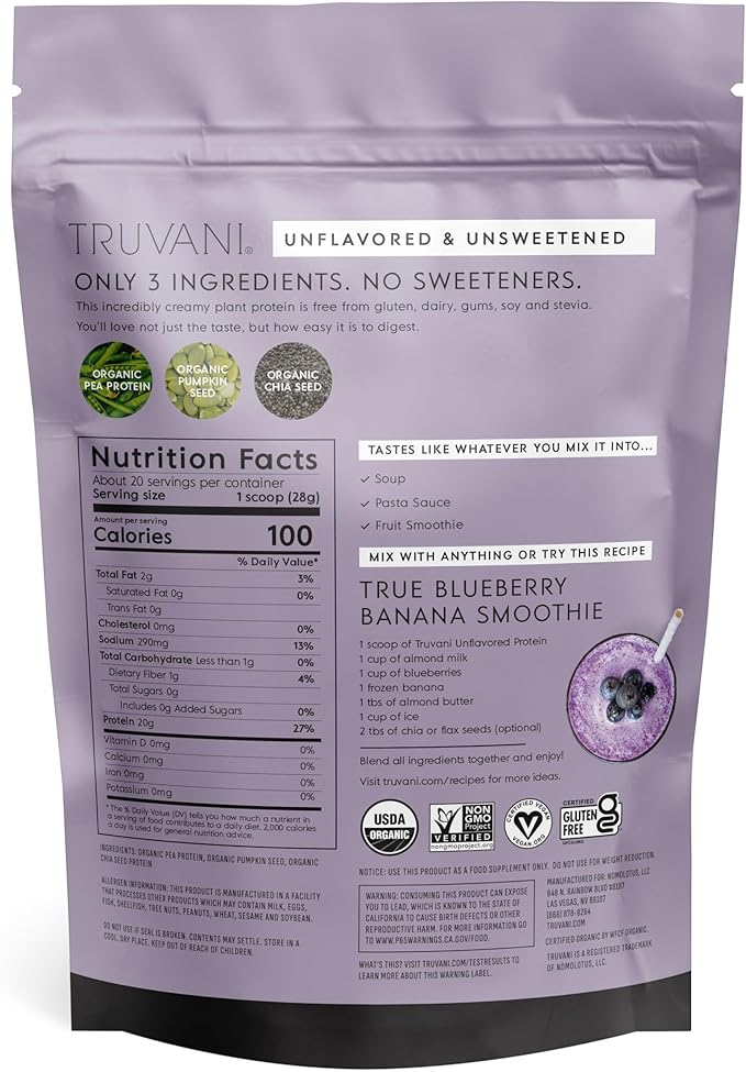Truvani Vegan Pea Protein Powder | Unflavored | 20g Organic Plant Based Protein | 20 Servings | Keto | Gluten & Dairy Free | Low Carb | No Added Sugar