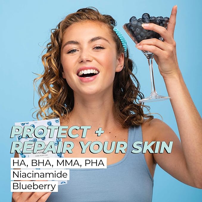Vitamasques Niacinamide Blueberry Face Sheet Mask 7 Pack - Pore Purifying Korean Face Mask Improves Uneven Skin Tone & Reduces Blemishes