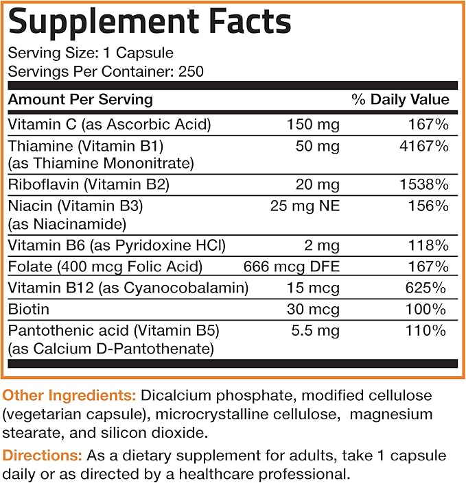 Bronson Vitamin B Complex with Vitamin C - Immune Health, Energy Support & Nervous System Support - Non-GMO, 250 Vegetarian Capsules