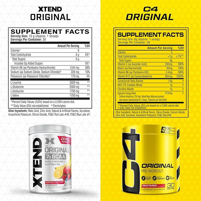Cellucor Pre Workout & BCAA Bundle, C4 Original Pre Workout Powder, Fruit Punch, 30 Servings + XTEND BCAA Powder, Knockout Fruit Punch, 30 Servings