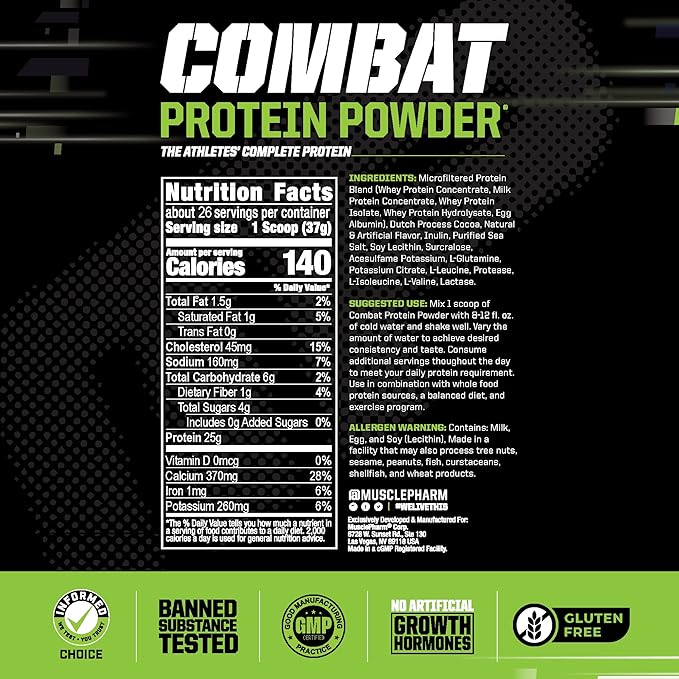 MusclePharm Combat Protein Powder, Chocolate Milk Flavor, Fuels Muscles for Productive Workouts, 5 Protein Sources Including Whey Protein Isolate & Egg Albumin, Gluten Free, 2 lb, 26 Servings