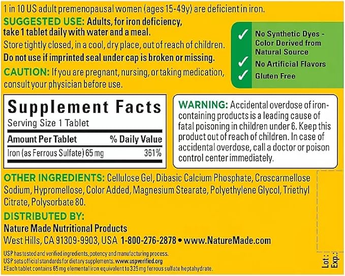 Nature Made Iron 65 mg (from Ferrous Sulfate) Tablets for Red Blood Cell Formation (365 ct.).