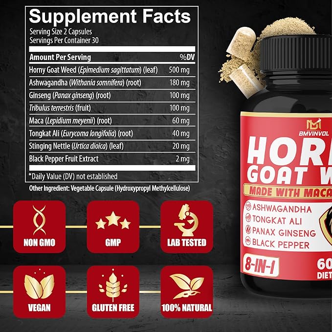 BMVINVOL Horny Goat Weed Capsules with Tribulus, Ginseng, Ashwagandha, Maca, Tongkat Ali - (2 Packs) 120 Capsules