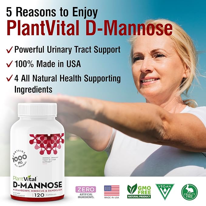 Plantvital D Mannose Capsules with Cranberry - D-mannose 1000mg Capsules - High Potency for Bladder, Kidney and Urinary Tract Support. Cranberry Powder with Hibiscus and Dandelion. 2 Months Supply