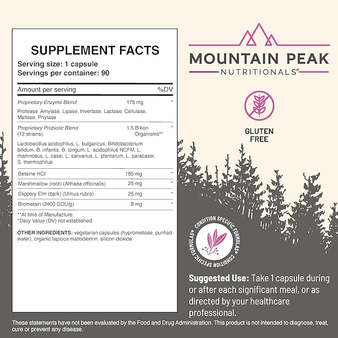 Mountain Peak Nutritionals Digestive – Probiotics for Gut Health & Bloating Relief - 1.5 Billion CFU* - Gastrointestinal Support w/Enzymes - Hypoallergenic Dietary Supplement (90 Capsules)