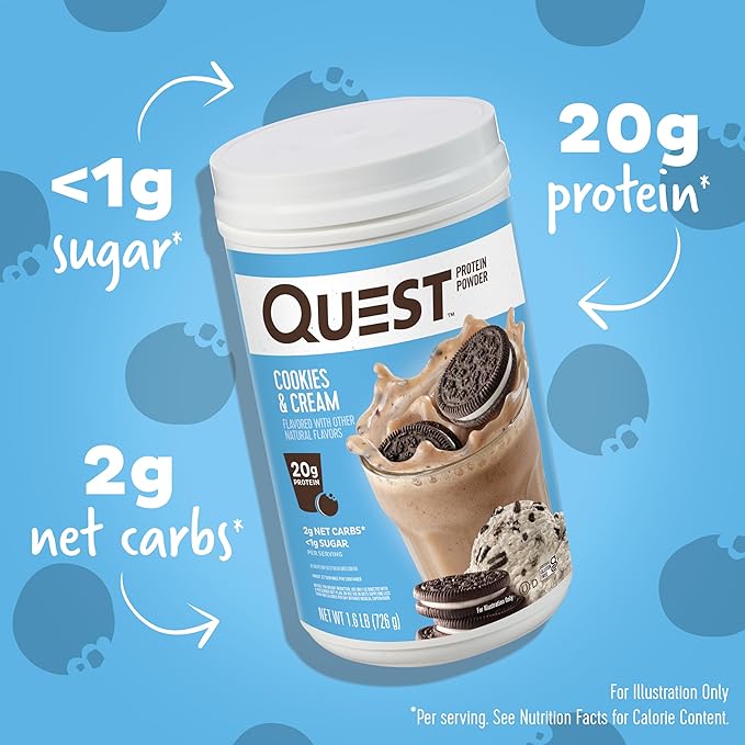 Quest Nutrition Cookies & Cream Protein Powder, 20g Protein, 1g Sugar, Low Carb, Gluten Free, 1.6 Pound, 24 Servings