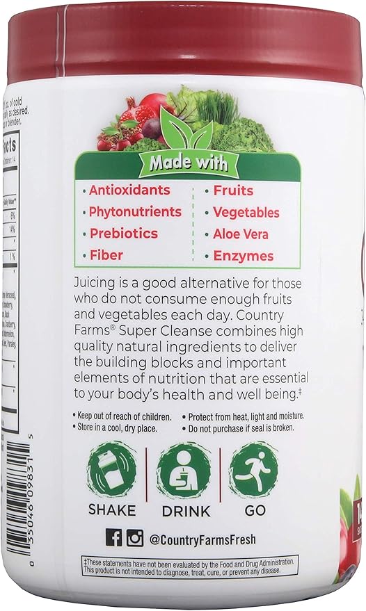 COUNTRY FARMS Super Cleanse, Super Juice Cleanse, Supports Healthy Digestive System, 34 Fruits and Vegetables, Promotes Natural Detoxification, Promote Healthy Weight Management, 28 Servings