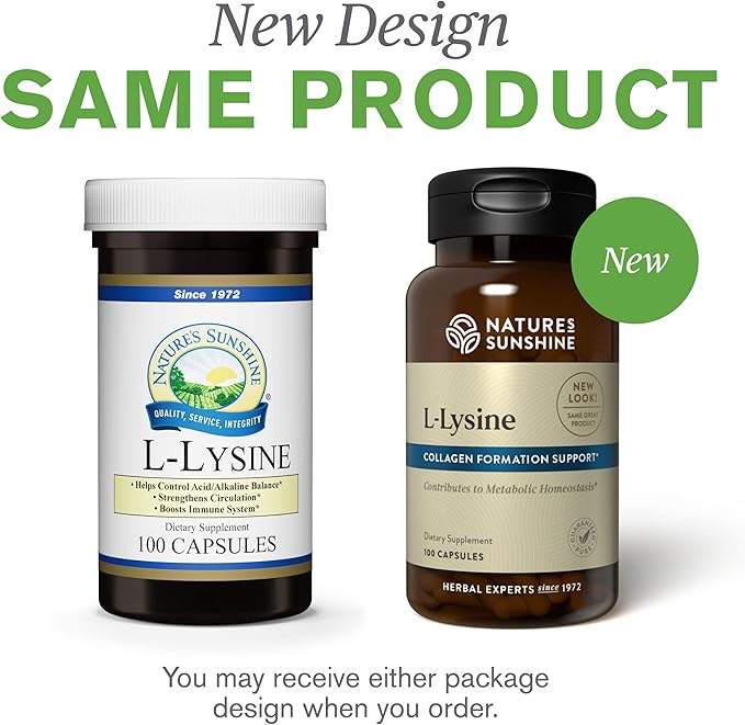 Nature's Sunshine L-Lysine, 100 Capsules | Essential Amino Acids Capsules with 474 mg of L-Lysine Hydrochloride to Help Your Body Control the Acid and Alkaline Balance