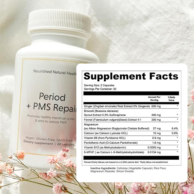 Nourished Period + PMS Repair - Menstrual Cycle Support Supplement for Women - Vegan Formula for Monthly Cycles, Cramping, Mood, Headaches - 3 Bottles