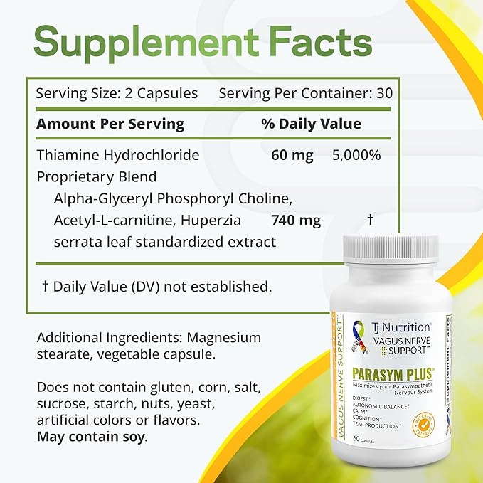 Parasym Plus Vagus Nerve Support, Patented Digestive Nutritional Supplements, Energy Booster for Men and Women, Memory Supplement for Brain, Gentle Immune System Support, 60 Capsules - TJ Nutrition