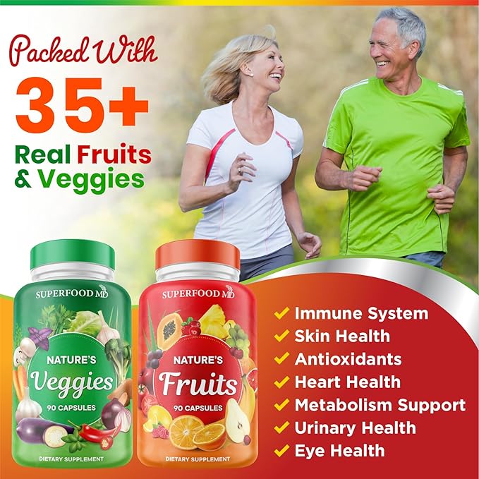 Superfood MD Fruits and Veggies Supplement - 90 Fruit and 90 Veggie Capsules - Supports Energy Levels, High Lycopene, Vitamins & Minerals -Made in The USA - 90 Count (Pack of 2)