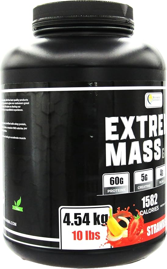Extreme Mass Weight Gainer Muscle Builder, 10 lbs (4.54 kg) with Less Sugar for Intense Workout Training Made of high Calorie Fortified whey Protein