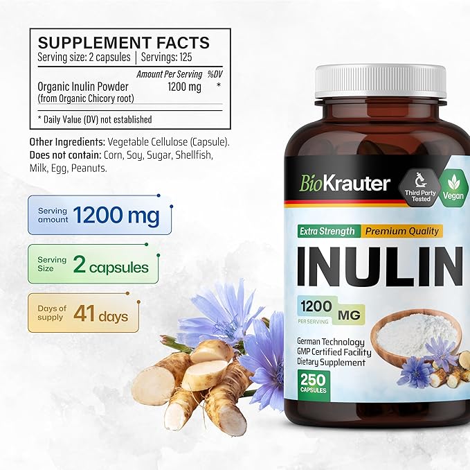 BIO KRAUTER Inulin Powder Capsules - 1200 mg Strength - 250 Count - Fiber Supplement - Chicory Root Fiber Capsules for Digestive Support - Pure Soluble Fiber Supplements - Vegan Inulin Capsules