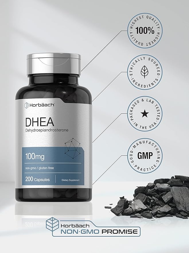 Horbäach DHEA 100mg | 200 Capsules | Supplement for Men and Women | Non-GMO, Gluten Free