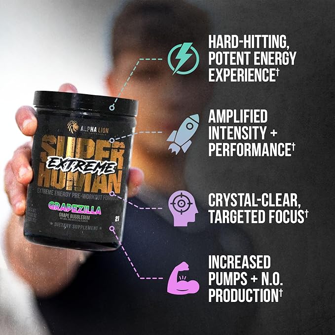 ALPHA LION Superhuman Extreme Pre Workout Powder, Beta Alanine, L-Taurine & Tri-Source Caffeine for Sustained Energy, Nitric Oxide & Citrulline for Pump (21 Servings, Grape Flavor)