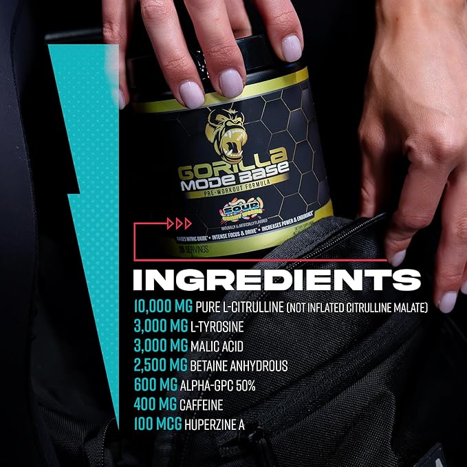 Gorilla Mode Base Pre Workout - Raises Nitric Oxide · Intense Focus & Drive · Endurance · Power - L-Citrulline, L-Tyrosine, Betaine, Alpha-GPC, Caffeine, Huperzine A - 360 Grams (Volcano Burst)