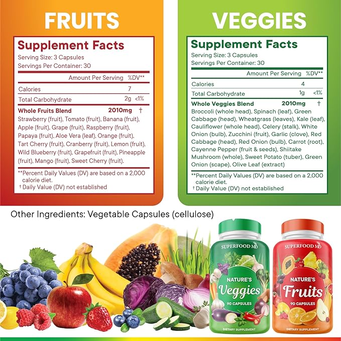 Superfood 180 Fruit and 180 Veggie Capsules -100% Whole Natural Superfood - Maintain Energy Levels, High Lycopene - Grown and Made in The USA (90 Count (Pack of 4)