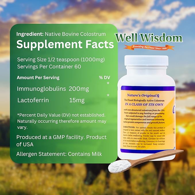 Bioactive Colostrum Well Wisdom 60g Bovine Colostrum Supplement Powder - Grass-Fed Year-Round Colostrum Powder Natural Immune Recovery Supplement