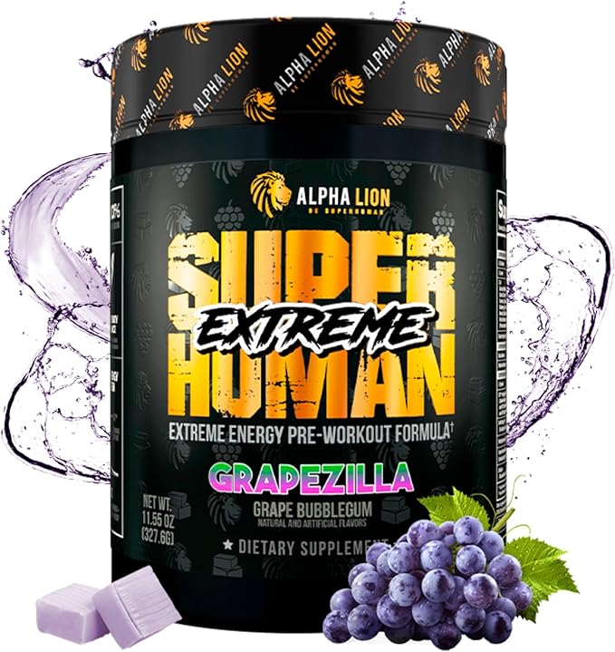ALPHA LION Superhuman Extreme Pre Workout Powder, Beta Alanine, L-Taurine & Tri-Source Caffeine for Sustained Energy, Nitric Oxide & Citrulline for Pump (21 Servings, Grape Flavor)