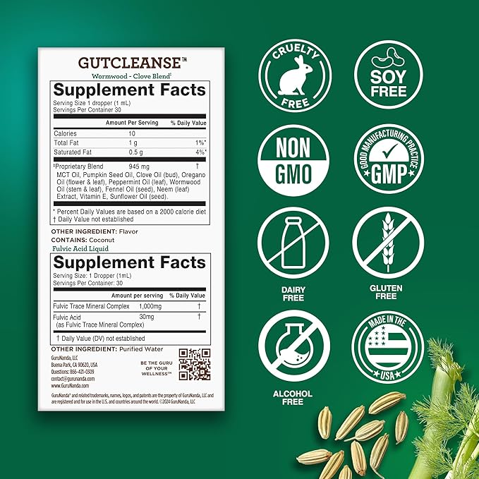 GuruNanda Gutcleanse 2-Step Kit - Dietary Supplement to Help with Digestion - Blend of Fulvic Acid, Wormwood, Clove & Neem Extract, 2x1 FlOz