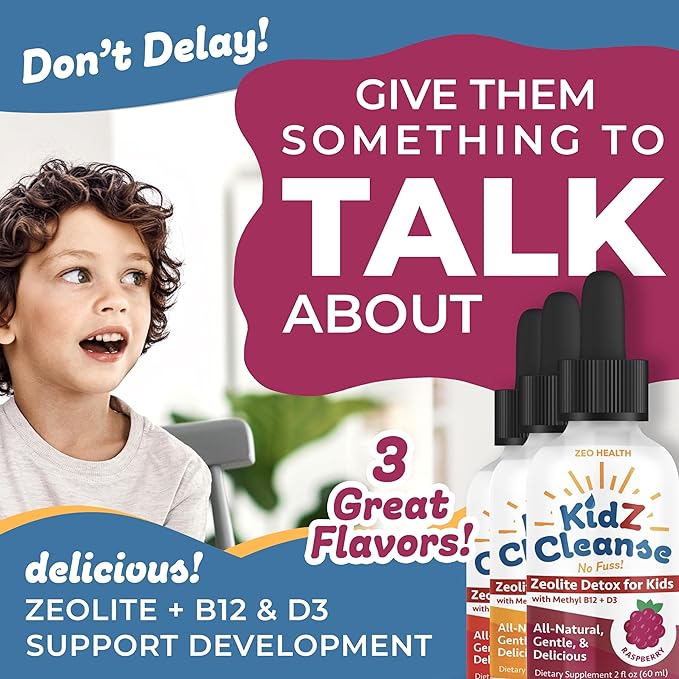 Kidz Cleanse | Zeolite Detox for Kids | Development, Behavior, Energy and Gut Health Support Supplement | Easy to Take, Pure Liquid Zeolite Drops + Methyl B12 + D3 (Orange Flavor) - 2oz