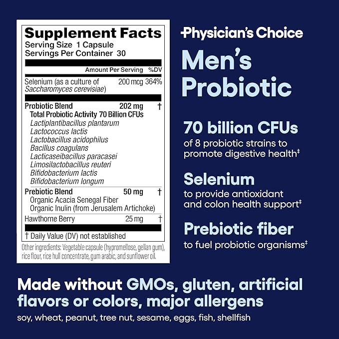 Physician's CHOICE Probiotics for Men - 70 Billion CFU - 8 Strains - w/Selenium & Organic Prebiotics - Supports Digestive Health, Microbiome, Colon, & Immune Health - Advanced Men's Probiotic - 30ct