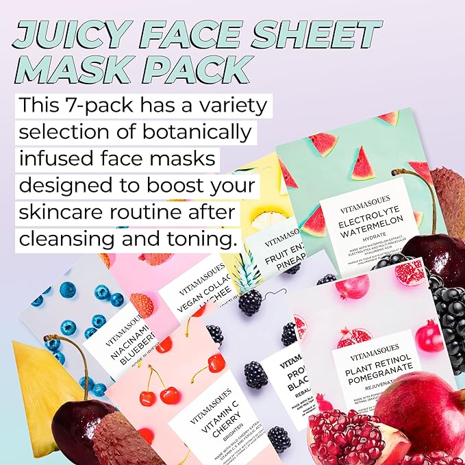 Vitamasques Face Masks Skincare Sheet Kit, 7-Pack - Juicy Collection of Triple-Layer Sheet Facial Masks - Pore Purifying, Brightening, and Hydrating
