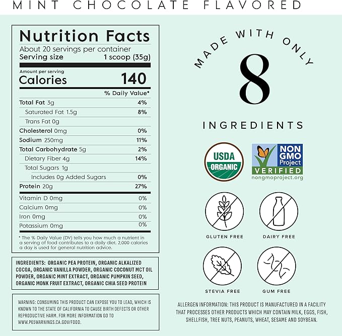 Truvani Vegan Pea Protein Powder | Mint Chocolate | 20g Organic Plant Based Protein | 20 Servings | Keto | Gluten & Dairy Free | Low Carb | No Added Sugar