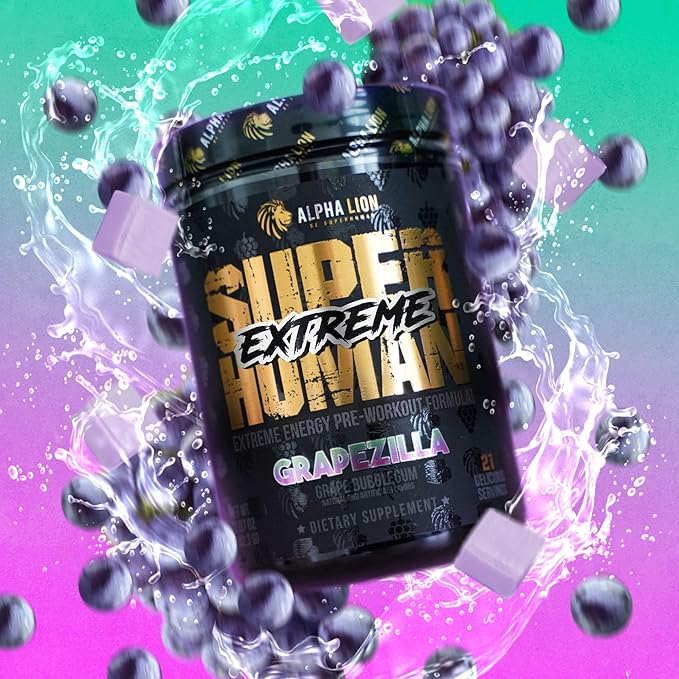 ALPHA LION Superhuman Extreme Pre Workout Powder, Beta Alanine, L-Taurine & Tri-Source Caffeine for Sustained Energy, Nitric Oxide & Citrulline for Pump (21 Servings, Grape Flavor)