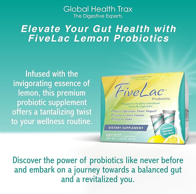 GHT - FiveLac Lemon Probiotic Powder Drink Mix, Probiotics for Women, Men, and Kids - Smooth Digestive Support and Elimination - Relieves Occasional Constipation and Gas - 60 Packets (2 Pack) Non-GMO