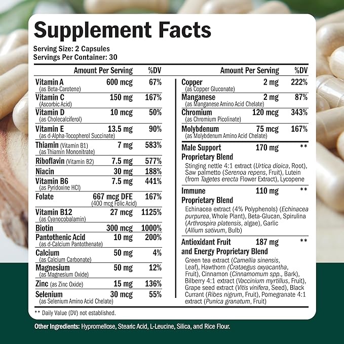 Multivitamin for Men - Daily Mens Multivitamins & Multiminerals with Vitamin A, C, D, E, B12, Zinc & More Essential Vitamins for Men - Mens Vitamins for Energy, Focus, and Mens Health. 60 Capsules