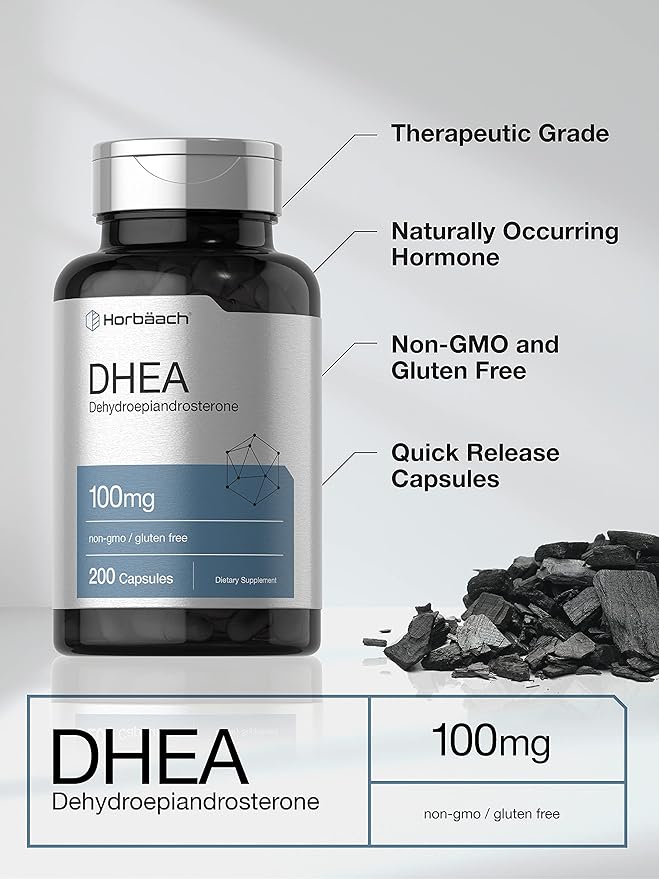 Horbäach DHEA 100mg | 200 Capsules | Supplement for Men and Women | Non-GMO, Gluten Free