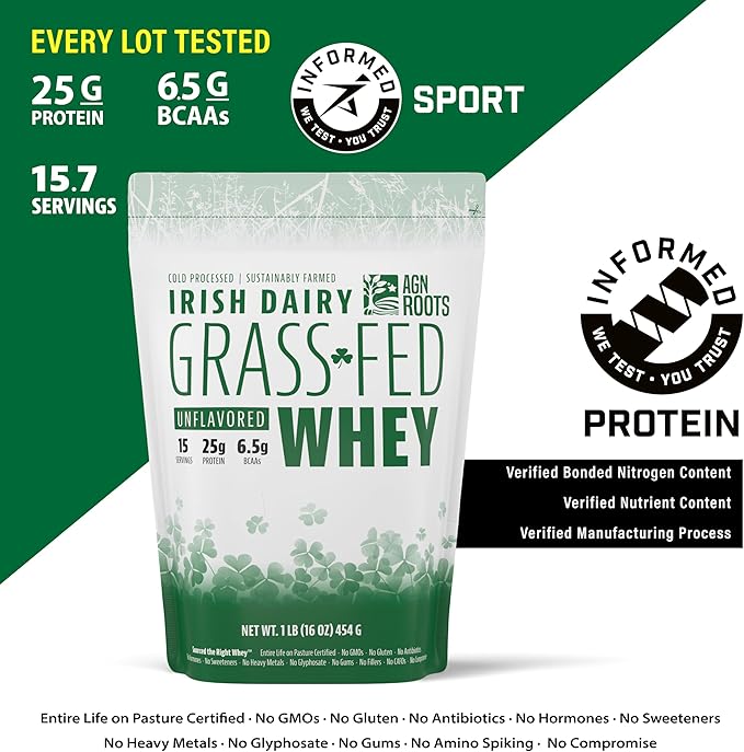 Grass Fed Whey Protein Powder Isolate - Unflavored - Unsweetened - Certified Entire Life On Pasture by A Greener World - ASPCA Registered - Informed Sport - Dairy Protein 1lbs