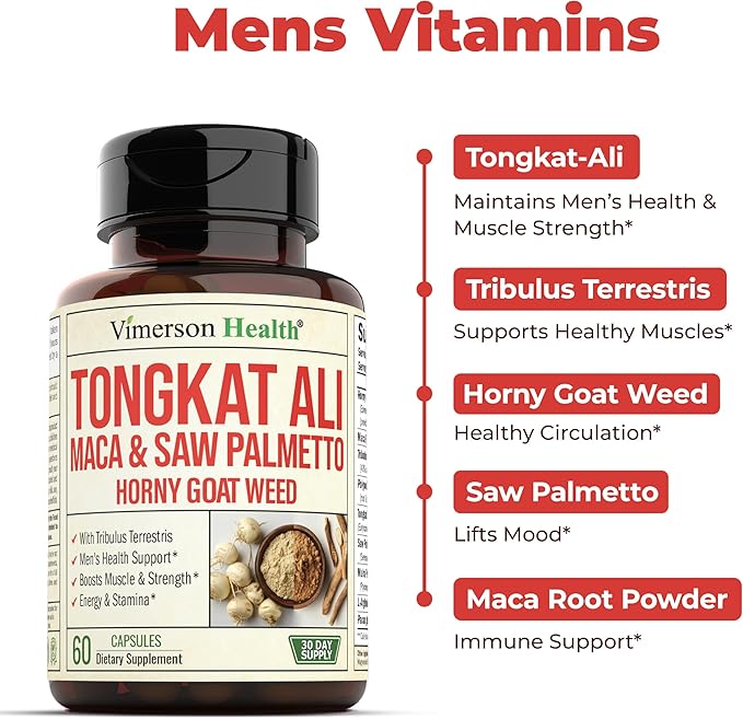 Tongkat Ali for Men - Healthy Testosterone Support. Balanced Energy Supplements for Men with Horny Goat Weed, Maca Root Powder, Tribulus Terrestris, Saw Palmetto Extract. Tongat-Ali for Men. 60 Caps