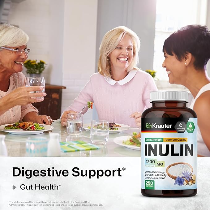 BIO KRAUTER Inulin Powder Capsules - 1200 mg Strength - 250 Count - Fiber Supplement - Chicory Root Fiber Capsules for Digestive Support - Pure Soluble Fiber Supplements - Vegan Inulin Capsules