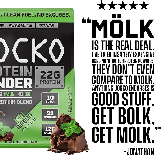 Jocko Mölk Whey Protein Powder 22g Sugar Free Monk Fruit Blend - Muscle Recovery & Growth, Packaging May Vary (31 Servings, Mint Chocolate)