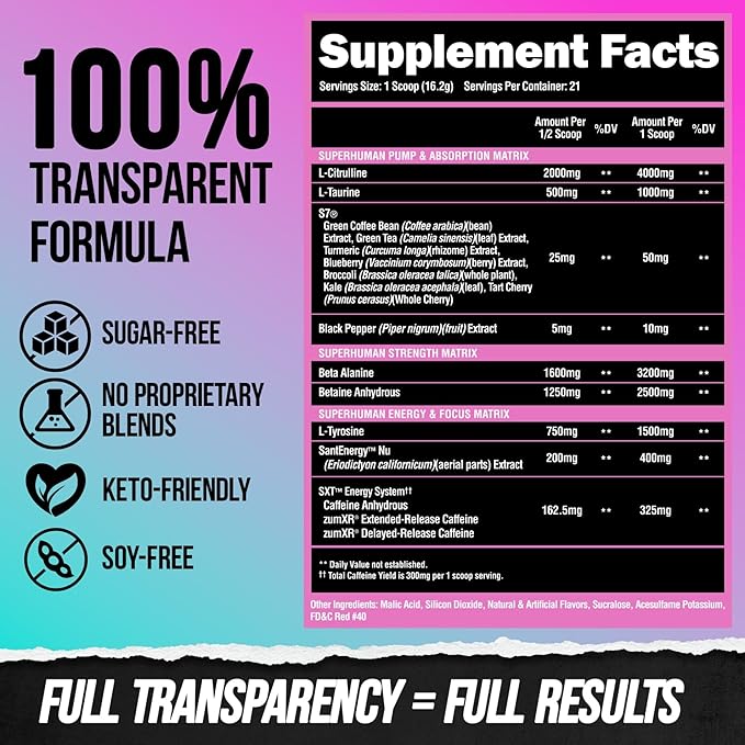 ALPHA LION Superhuman Pre Workout Powder, Beta Alanine, L-Taurine & Tri-Source Caffeine for Sustained Energy & Focus, Nitric Oxide & Citrulline for Pump (21 Servings, Miami Vice)